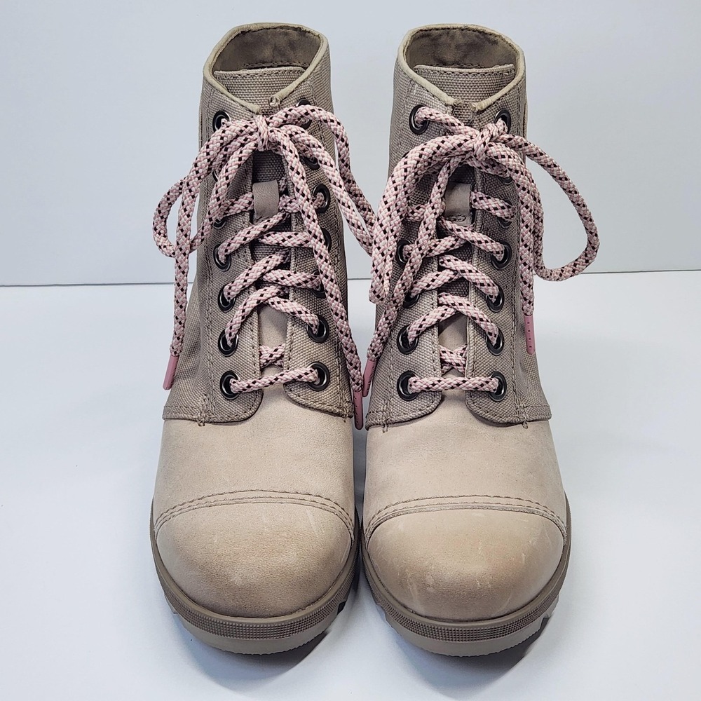 Sorel Boots Womens Size 8.5 Beige Canvas Leather Lace Up Wedge Ankle Booties - Picture 8 of 14